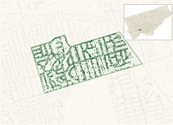 Map of High Park North showing the neighbourhood outlined in green with every city-owned street tree as a dark-green dot, plus a locator inset showing its position in Toronto.