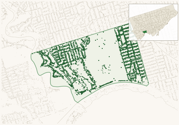 Map of High Park-Swansea showing the neighbourhood outlined in green with every city-owned street tree as a dark-green dot, plus a locator inset showing its position in Toronto.