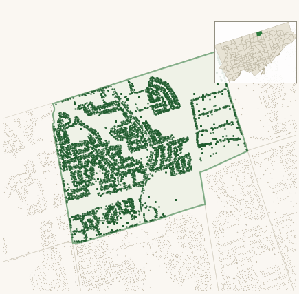 Map of Hillcrest Village showing the neighbourhood outlined in green with every city-owned street tree as a dark-green dot, plus a locator inset showing its position in Toronto.