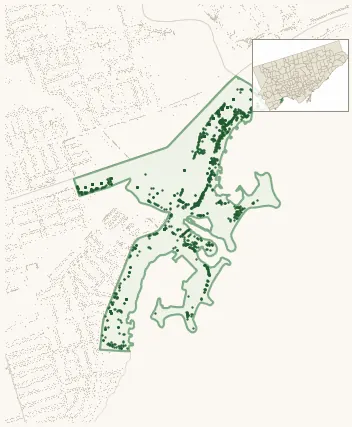 Map of Humber Bay Shores showing the neighbourhood outlined in green with every city-owned street tree as a dark-green dot, plus a locator inset showing its position in Toronto.