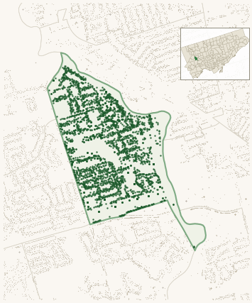 Map of Humber Heights-Westmount showing the neighbourhood outlined in green with every city-owned street tree as a dark-green dot, plus a locator inset showing its position in Toronto.