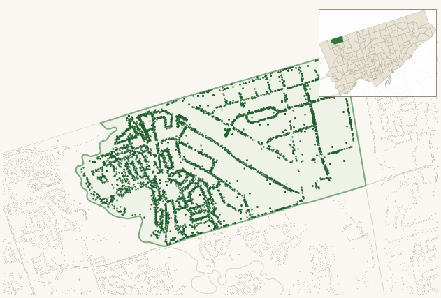 Map of Humber Summit showing the neighbourhood outlined in green with every city-owned street tree as a dark-green dot, plus a locator inset showing its position in Toronto.