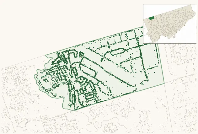 Map of Humber Summit showing the neighbourhood outlined in green with every city-owned street tree as a dark-green dot, plus a locator inset showing its position in Toronto.
