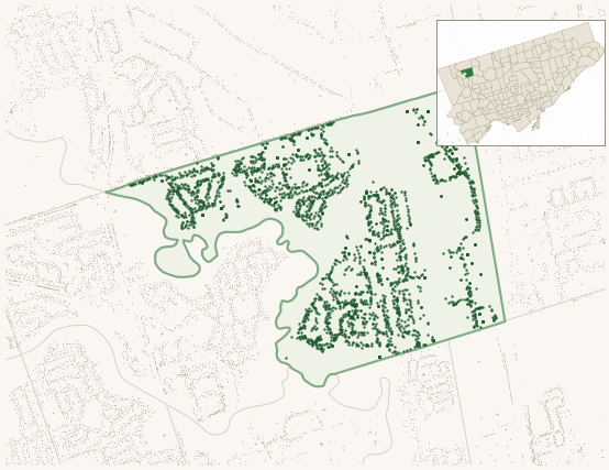 Map of Humbermede showing the neighbourhood outlined in green with every city-owned street tree as a dark-green dot, plus a locator inset showing its position in Toronto.