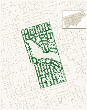 Map of Humewood-Cedarvale showing the neighbourhood outlined in green with every city-owned street tree as a dark-green dot, plus a locator inset showing its position in Toronto.