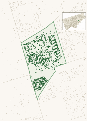 Map of Ionview showing the neighbourhood outlined in green with every city-owned street tree as a dark-green dot, plus a locator inset showing its position in Toronto.