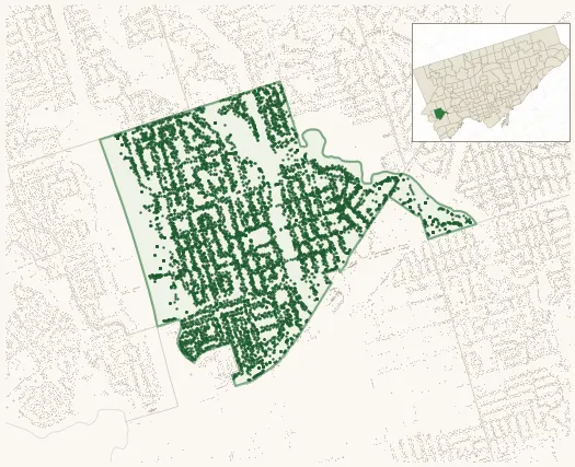 Map of Islington showing the neighbourhood outlined in green with every city-owned street tree as a dark-green dot, plus a locator inset showing its position in Toronto.
