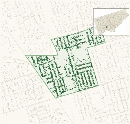 Map of Junction-Wallace Emerson showing the neighbourhood outlined in green with every city-owned street tree as a dark-green dot, plus a locator inset showing its position in Toronto.