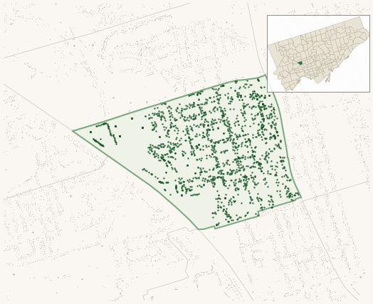 Map of Keelesdale-Eglinton West showing the neighbourhood outlined in green with every city-owned street tree as a dark-green dot, plus a locator inset showing its position in Toronto.