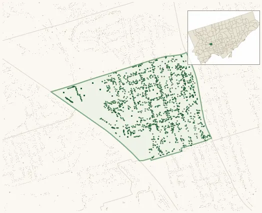 Map of Keelesdale-Eglinton West showing the neighbourhood outlined in green with every city-owned street tree as a dark-green dot, plus a locator inset showing its position in Toronto.
