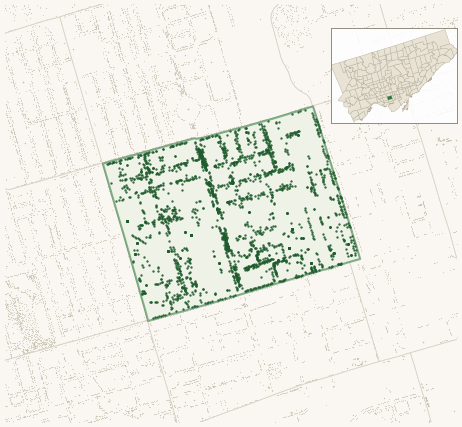 Map of Kensington-Chinatown showing the neighbourhood outlined in green with every city-owned street tree as a dark-green dot, plus a locator inset showing its position in Toronto.