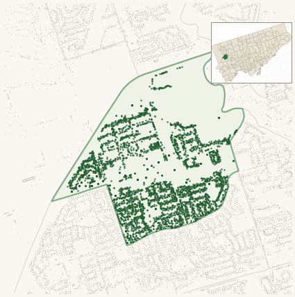 Map of Kingsview Village-The Westway showing the neighbourhood outlined in green with every city-owned street tree as a dark-green dot, plus a locator inset showing its position in Toronto.
