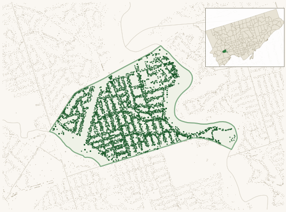 Map of Kingsway South showing the neighbourhood outlined in green with every city-owned street tree as a dark-green dot, plus a locator inset showing its position in Toronto.
