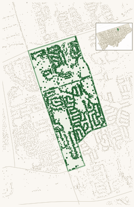 Map of L'Amoreaux West showing the neighbourhood outlined in green with every city-owned street tree as a dark-green dot, plus a locator inset showing its position in Toronto.