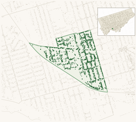 Map of Little Portugal showing the neighbourhood outlined in green with every city-owned street tree as a dark-green dot, plus a locator inset showing its position in Toronto.