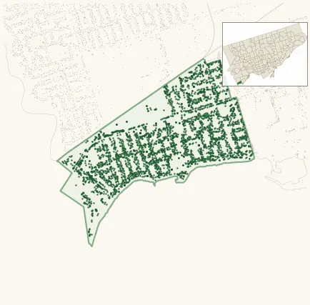 Map of Long Branch showing the neighbourhood outlined in green with every city-owned street tree as a dark-green dot, plus a locator inset showing its position in Toronto.