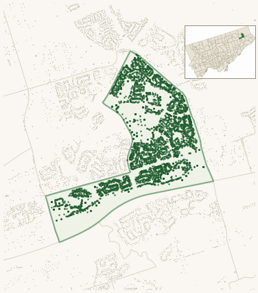Map of Malvern East showing the neighbourhood outlined in green with every city-owned street tree as a dark-green dot, plus a locator inset showing its position in Toronto.