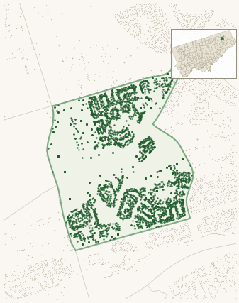Map of Malvern West showing the neighbourhood outlined in green with every city-owned street tree as a dark-green dot, plus a locator inset showing its position in Toronto.