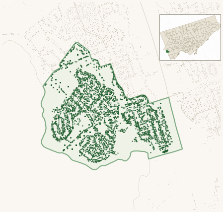 Map of Markland Wood showing the neighbourhood outlined in green with every city-owned street tree as a dark-green dot, plus a locator inset showing its position in Toronto.