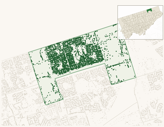 Map of Milliken showing the neighbourhood outlined in green with every city-owned street tree as a dark-green dot, plus a locator inset showing its position in Toronto.