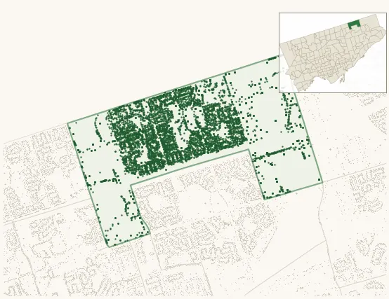 Map of Milliken showing the neighbourhood outlined in green with every city-owned street tree as a dark-green dot, plus a locator inset showing its position in Toronto.