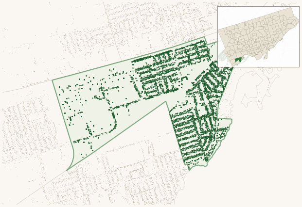 Map of Mimico-Queensway showing the neighbourhood outlined in green with every city-owned street tree as a dark-green dot, plus a locator inset showing its position in Toronto.