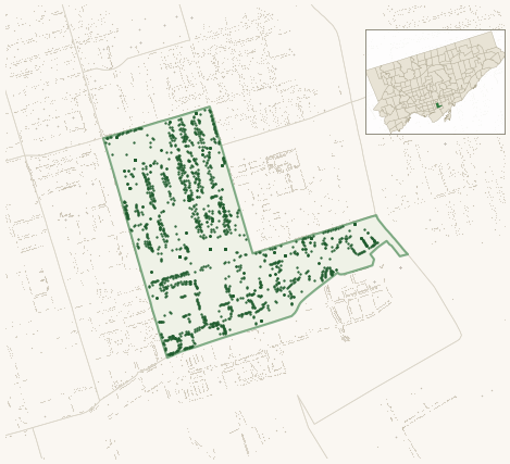 Map of Moss Park showing the neighbourhood outlined in green with every city-owned street tree as a dark-green dot, plus a locator inset showing its position in Toronto.