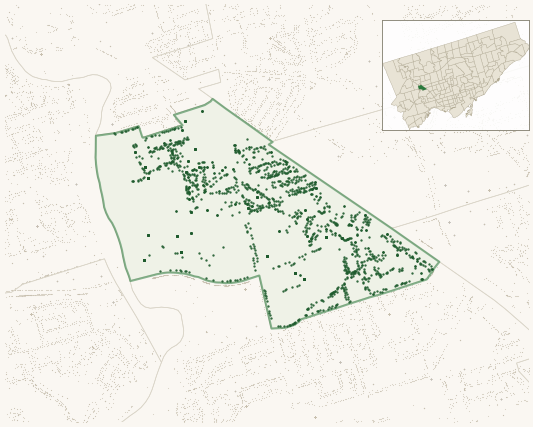 Map of Mount Dennis showing the neighbourhood outlined in green with every city-owned street tree as a dark-green dot, plus a locator inset showing its position in Toronto.
