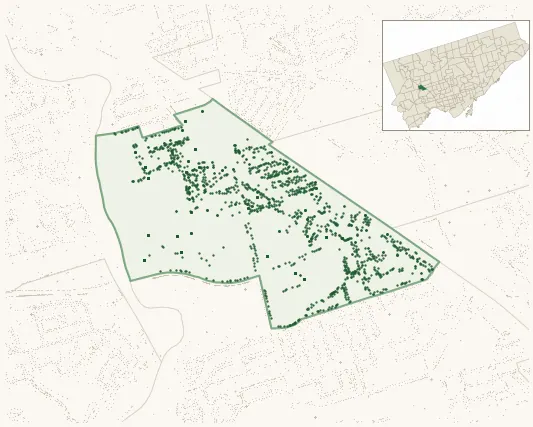 Map of Mount Dennis showing the neighbourhood outlined in green with every city-owned street tree as a dark-green dot, plus a locator inset showing its position in Toronto.