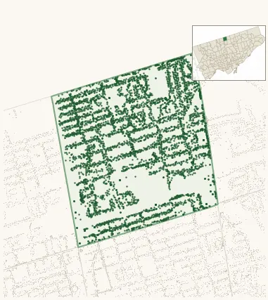 Map of Newtonbrook East showing the neighbourhood outlined in green with every city-owned street tree as a dark-green dot, plus a locator inset showing its position in Toronto.