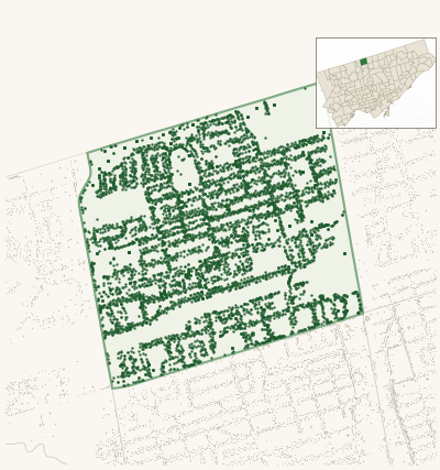 Map of Newtonbrook West showing the neighbourhood outlined in green with every city-owned street tree as a dark-green dot, plus a locator inset showing its position in Toronto.
