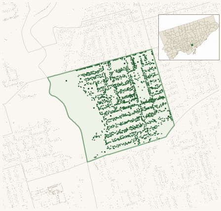 Map of North Riverdale showing the neighbourhood outlined in green with every city-owned street tree as a dark-green dot, plus a locator inset showing its position in Toronto.