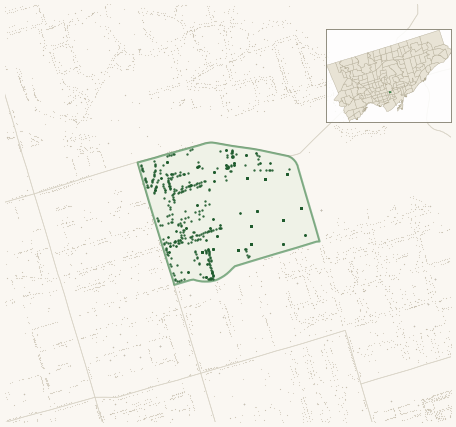 Map of North St.James Town showing the neighbourhood outlined in green with every city-owned street tree as a dark-green dot, plus a locator inset showing its position in Toronto.