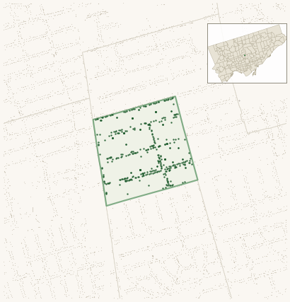 Map of North Toronto showing the neighbourhood outlined in green with every city-owned street tree as a dark-green dot, plus a locator inset showing its position in Toronto.