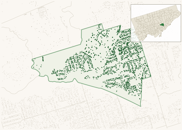Map of O'Connor-Parkview showing the neighbourhood outlined in green with every city-owned street tree as a dark-green dot, plus a locator inset showing its position in Toronto.