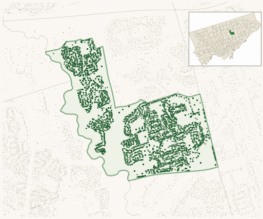Map of Parkwoods-O'Connor Hills showing the neighbourhood outlined in green with every city-owned street tree as a dark-green dot, plus a locator inset showing its position in Toronto.