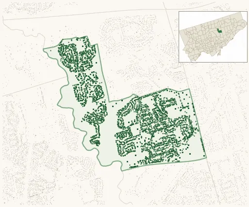 Map of Parkwoods-O'Connor Hills showing the neighbourhood outlined in green with every city-owned street tree as a dark-green dot, plus a locator inset showing its position in Toronto.
