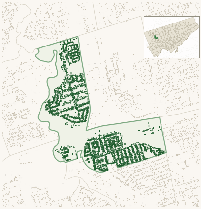 Map of Pelmo Park-Humberlea showing the neighbourhood outlined in green with every city-owned street tree as a dark-green dot, plus a locator inset showing its position in Toronto.
