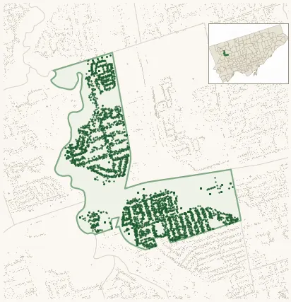 Map of Pelmo Park-Humberlea showing the neighbourhood outlined in green with every city-owned street tree as a dark-green dot, plus a locator inset showing its position in Toronto.