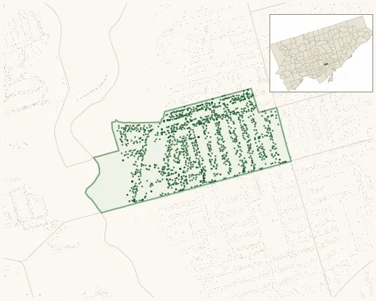 Map of Playter Estates-Danforth showing the neighbourhood outlined in green with every city-owned street tree as a dark-green dot, plus a locator inset showing its position in Toronto.