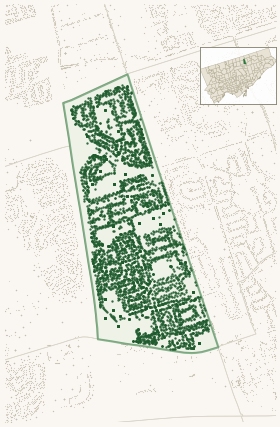 Map of Pleasant View showing the neighbourhood outlined in green with every city-owned street tree as a dark-green dot, plus a locator inset showing its position in Toronto.