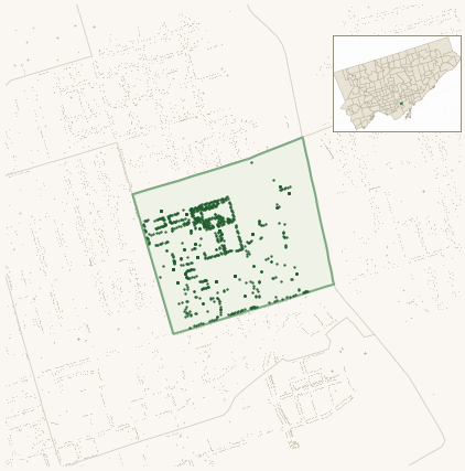 Map of Regent Park showing the neighbourhood outlined in green with every city-owned street tree as a dark-green dot, plus a locator inset showing its position in Toronto.