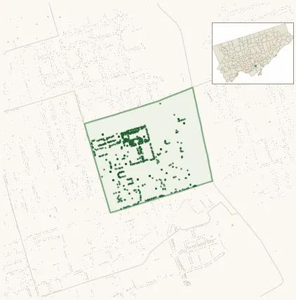 Map of Regent Park showing the neighbourhood outlined in green with every city-owned street tree as a dark-green dot, plus a locator inset showing its position in Toronto.