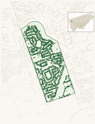 Map of Rexdale-Kipling showing the neighbourhood outlined in green with every city-owned street tree as a dark-green dot, plus a locator inset showing its position in Toronto.