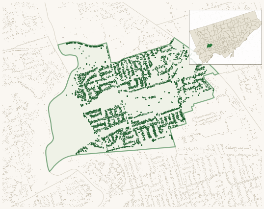 Map of Rockcliffe-Smythe showing the neighbourhood outlined in green with every city-owned street tree as a dark-green dot, plus a locator inset showing its position in Toronto.