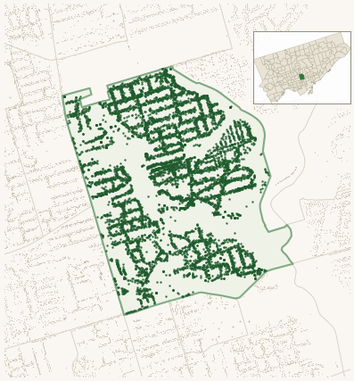 Map of Rosedale-Moore Park showing the neighbourhood outlined in green with every city-owned street tree as a dark-green dot, plus a locator inset showing its position in Toronto.