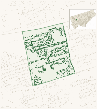 Map of Rustic showing the neighbourhood outlined in green with every city-owned street tree as a dark-green dot, plus a locator inset showing its position in Toronto.
