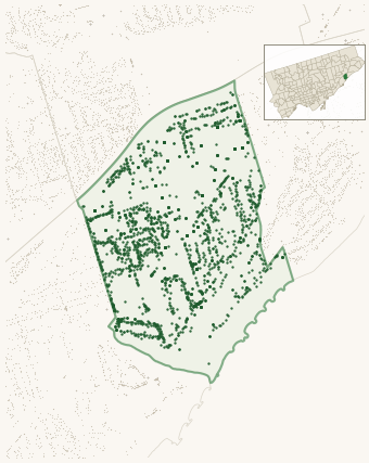 Map of Scarborough Village showing the neighbourhood outlined in green with every city-owned street tree as a dark-green dot, plus a locator inset showing its position in Toronto.
