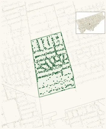 Map of South Eglinton-Davisville showing the neighbourhood outlined in green with every city-owned street tree as a dark-green dot, plus a locator inset showing its position in Toronto.
