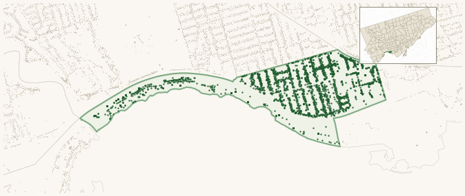 Map of South Parkdale showing the neighbourhood outlined in green with every city-owned street tree as a dark-green dot, plus a locator inset showing its position in Toronto.